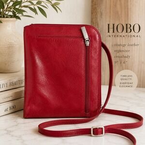 Vintage Red Leather Organizer Structured Crossbody Bag Slim Minimalist Everyday